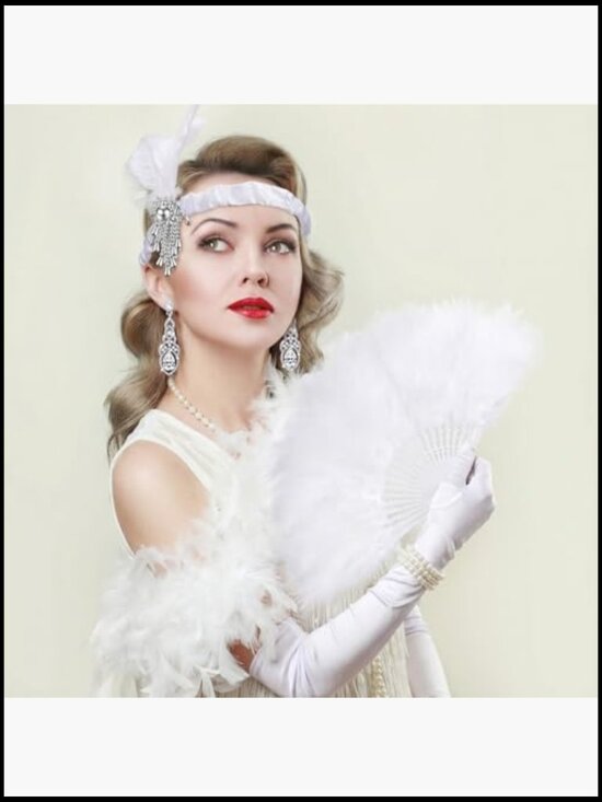 7 Pc 1920s Flapper Accessory Set Headband Necklace Earrings Gloves Fan Scarf main image 7